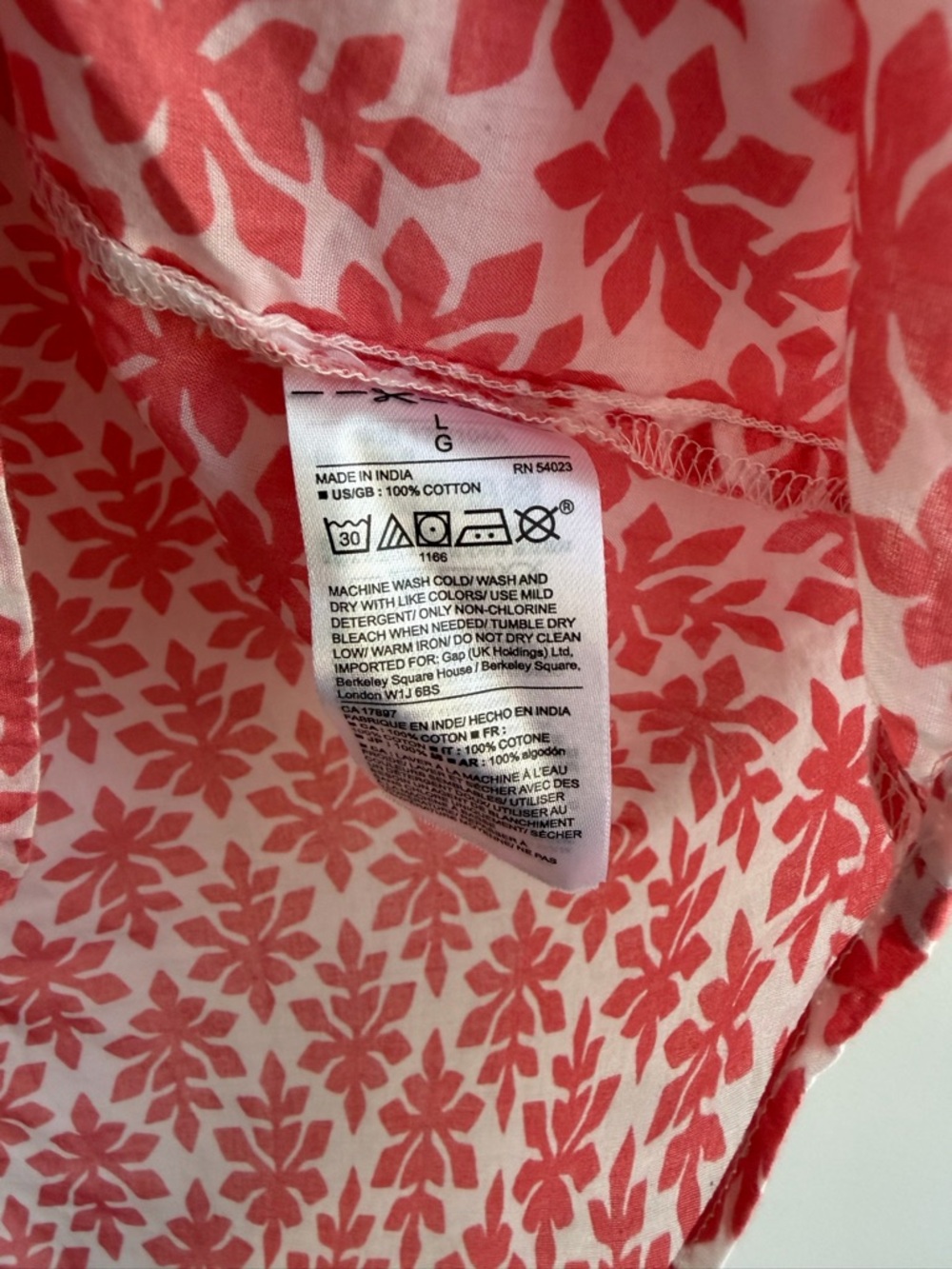 GAP Split Neck Floral 3/4 Sleeve 100% Cotton Peasant Blouse Size L - Picture 6 of 6